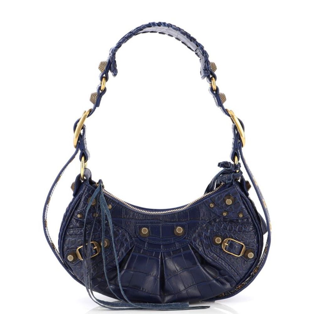 Balenciaga Navy Blue Croc-Embossed Half-Moon Shoulder Bag with Gold Hardware